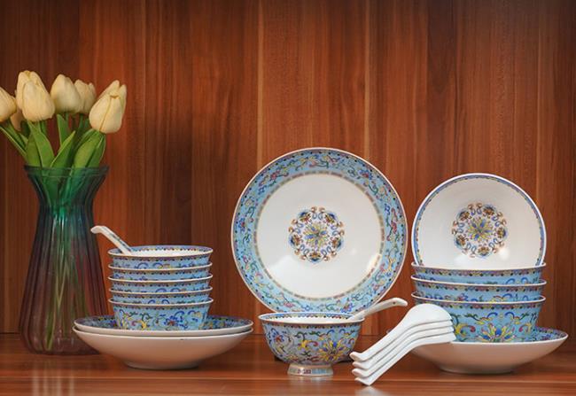 珐琅彩高档骨瓷20头餐具（西子蓝）
